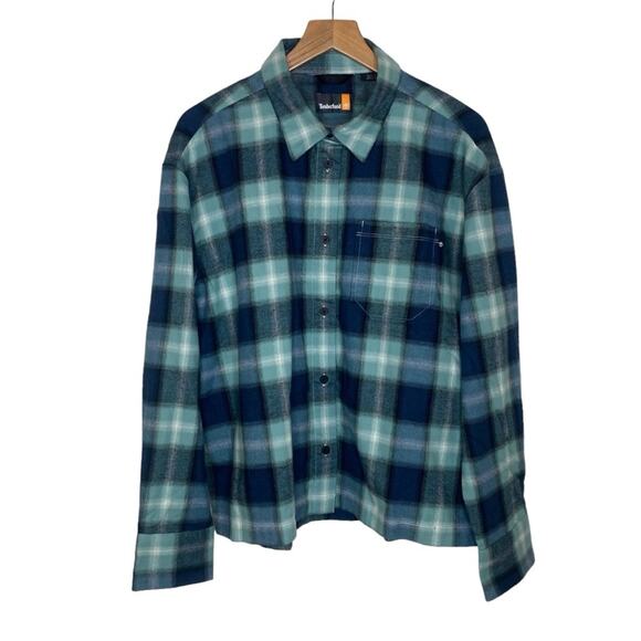 Timberland Plaid Oversized Flannel Button Front Top Shirt Women’s Medium Blue - Picture 1 of 9